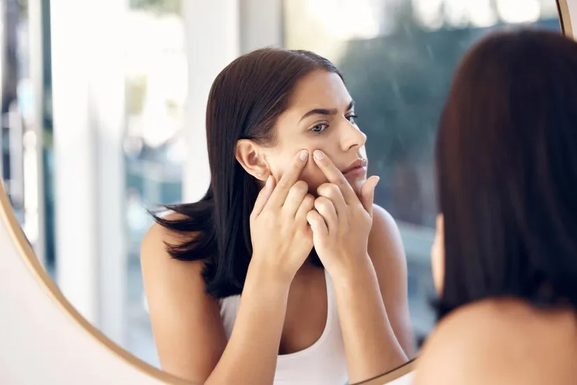 Girl popping pimples. Debunk acne myths and seek treatment from dermatologists.